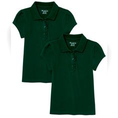 Brand New- Never Worn! Product Details: Made Of 97% Cotton/ 3% Spandex Pique Flat Knit Collar Made Of 100% Cotton Button- Front Placket With Ruffle Trim Side Vents At Hem Tagless Label Color: Hunter Green Or Spruce Shade True To Size Fitted Green Tops For School, Green Fitted Tops For School, Green School, Uniform Shirts, Girls Uniforms, School Shirts, Knit Collar, Childrens Place, Hunter Green