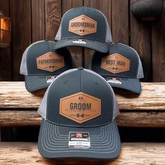 These Richardson 112 Trucker Hats are the perfect gift for any Groom and his wedding squad. We use a premium custom cut leatherette patch that is perfectly laser engraved for an awesome look.  Hats shown in the listing photo are: "Black to Charcoal" with the "Rawhide to Black" patch. How to order: Use the Dropdown Menu to make your selections: Hat Color Patch Color Use the personalization box to specify the Text that is to be engraved. ie: Title: "Groomsmen" "Initials: JM" Wedding Date: "Novembe Custom Hats Men, Wedding Snapback Trucker Hat, Adjustable Trucker Hat For Wedding, Customizable Snapback Hat With Curved Brim, Customizable Flat Bill Snapback Hat, Groomsmen Hat, Groomsmen Hats, Wedding Squad, Hat Wedding