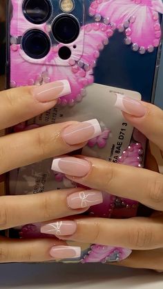 Bow Nail Designs, Teen Nails, Baby Pink Nails, Summery Nails, Girly Acrylic Nails, French Tip Acrylic Nails, Classy Acrylic Nails, Tip Nails, Soft Nails