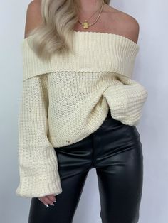 Details: Off the shoulder sweater Knit Balloon sleeves Size + Fit: Model is 5'4 Wearing size small Fabric + Care: 100% acrylic Shipping + Return: Free US ground shipping on orders $100+ We offer free returns and a refund in the form of store credit with items not worn within 10 days of delivery For more info on returns visit our returns page Shoulder Tops Outfit, Off The Shoulder Sweater, Sweater Cream, Leather Pant, Off Shoulder Sweater, Outfit Inspo Fall, Off Shoulder Tops, Sweater Knit, Sweater Sleeves