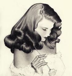 a drawing of a woman with long hair holding a toothbrush in her hand and looking down