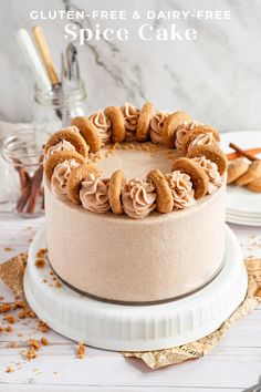 an image of a cake with cinnamon frosting on the top that is gluten free and dairy - free