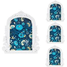 four pieces of blue and white wall hangings with flowers on the front, one in the