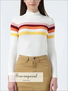 Sun-Imperial - Women High Neck Stripe Ribbed Knit Top Rainbow Striped Jumper – SUN-IMPERIAL Imperial Fashion, Women Turtleneck, Womens Turtleneck, Ribbed Knit Top, Collars For Women, Rainbow Stripes, Sweater Weather, Short Outfits, Sleeve Styles