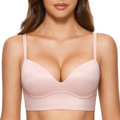 PRICES MAY VARY. Ultra soft cups give you buttery feel, keeping you comfortable all day Add 1.5 cup pushup pads for great support and cleavage-enhanced look Wirefree bralette without the pain of wires digging in Elastic longline underband with hook and eye closure Convertible straps for criss cross or traditional wear Plunging neckline shows more cleavage under deep v clothes DOBREVA most comfortable push-up bras are available now. Don't miss out! Lounge Bra, Comfy Bra, Corset Bra, Bra Size Charts, Cute Bras, Basic Wear, Everyday Bra, Wireless Bra, Womens Bras