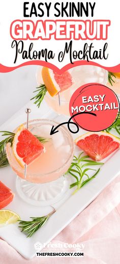 grapefruit palomole cocktail with rosemary garnish on a white tray