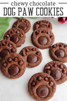 chewy chocolate dog paw cookies on a white surface with text overlay that reads chewy chocolate dog paw cookies