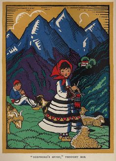 an image of a woman playing the violin in front of mountains with dogs and cats