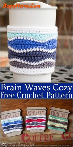 the coffee cup cozy is made with crochet