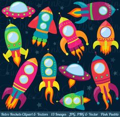 colorful rockets clipart set with stars and moon in the sky, on a black background