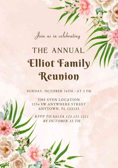 an elegant floral family reunion party with pink flowers and greenery on the bottom corner