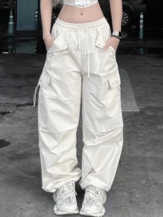 Vevesc Big Pockets Cargo Wide Leg Pants Casual Low-Waisted Cargo Pants Women 2024 Autumn Spring Fashion Streetwear Lady Baggy White Parachute Pants With Pockets, White Baggy Parachute Pants With Pockets, White Cargo Pocket Trousers, Summer Work Pants With Pockets, White Baggy Full-length Parachute Pants, Spring Streetwear Bottoms With Pockets, White Full-length Pants With Side Pockets, Baggy Cargo Work Pants For Spring, Baggy Work Pants With Cargo Pockets For Spring