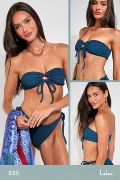 No one could forget a beachside cutie like you when you have a perfect vacay look like the Lulus Sea You Later Dark Blue Crinkle Keyhole Bandeau Bikini Top! Stretchy and textured crinkle-knit shapes this super summery bikini top that features a bandeau-style silhouette with a trendy tie-front detail that creates an O-ring-inspired keyhole cutout. Fit: This garment fits true to size. Length: Size medium measures 5.5" from top to bottom. Bust: Works best for A to C cup sizes. Fabric: Fabric is ver Cut Out Swimsuits, Red Suit, Swimming Outfit, Red Bottoms, Bye Bye, Swimwear Fashion, Women's Summer Fashion, High Cut, Stretchy Fabric