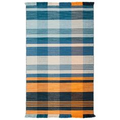 an orange, blue and white plaid rug with fringes on the bottom half of it