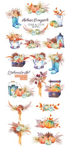 watercolor fall clipart with pumpkins and other autumn items in the background,