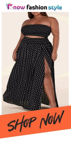 Black Sexy  Vacation Print Polka Dot Split Joint Strapless Beach Plus Size Two Pieces Strapless Beach Dress, Beach Plus Size, Summer Holiday Outfits, Strapless Crop Top, Plus Size Two Piece, Stylish Plus, Patchwork Dress, Two Piece Dress, Dot Print