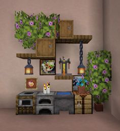 a living room filled with furniture and lots of plants on top of shelves in front of a wall