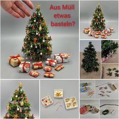 there are many different christmas trees and presents in this collage with the words aus mull etwas basteln?