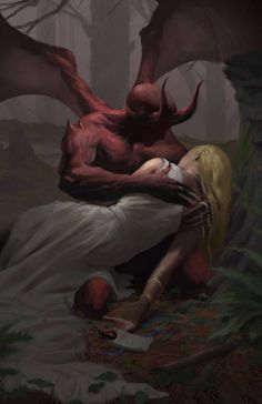 a woman laying on top of a bed next to a demonic demon in the woods