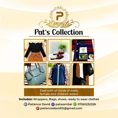 an advertisement for pat's collection featuring handbags, purses, and dresses