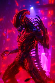 the alien hunter is standing in front of purple and red lights