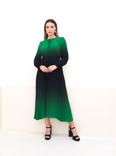 A full length kaftan dress made by blended fabric, with light weight but flowy and heavy enough to present the luxurious touch. This dress comes with sun gray pleated and the sash belt to stylish at waist line for formal event, or can be loose style like kaftan.  FEATURES - Gradient Green Black - Pleated - Dress cocktail  - Long sleeves dress - Luxury Designer gown - Plus Size and Custom Length - Resort Wear, Beach Wear, Lounge Wear, Christmas Gift Idea - Boat/Crew Neck - One size fit all  ----- Dress For Party, Green Cocktail Dress, Black Pleated Dress, Green Cocktail, Gown Plus Size, Dress Pleated, Dress With Sleeves, Pleated Fabric, Dressing Gown