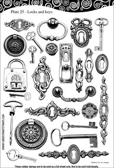 an assortment of antique keys and knobs from the 19th century, vintage engraved illustration