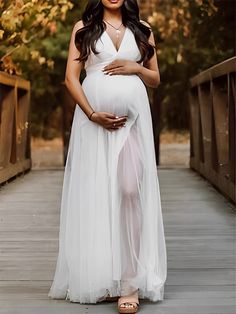 Momyknows White Tulle Off Shoulder Grenadine Side Slit Backless V-Neck Cute Gown Baby Shower Maternity Maxi Dress Babyshower Dress, Semi Formal Wedding, Shower Outfits, Maternity Maxi Dress, Maternity Maxi, Photoshoot Dress, Shower Dresses, White Tulle, White Off Shoulder