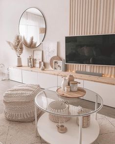 a living room filled with furniture and a flat screen tv on top of a wall