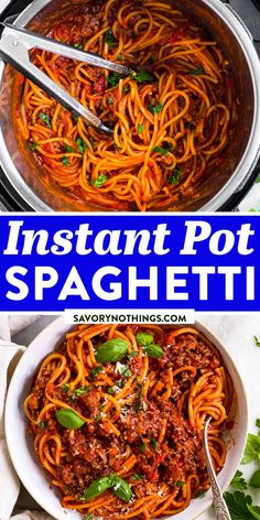 two pictures with spaghetti in them and the words instant pot spaghetti above it on top