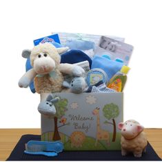 Welcome Baby Boy Gift Box, Baby Shower Gift, New Baby Boy Gift Set, Newborn Gift, Adorable Baby Gift, Baby Gift Bundle, Unique Baby Gift Send your best to a new baby and proud parents with this adorable Welcome New Baby gift box. Packed with cute baby necessities like a ceramic bank, blanket, bodysuit, plush lamb, booties, and more. INCLUDES: - Plush lamb with bunny booties - Ceramic lamb piggy bank - Baby's first tooth & curl keepsake box - Baby brush and comb set - Baby manicure set - Receiving blanket - Set of 4 baby washcloths - Two 100% cotton baby beanies - Two 100% cotton baby bodysuits - Two 100% cotton baby bootie sets This gift measures 11" long by 9" wide and 16" tall and weighs 8 pounds. This gift comes wrapped in cellophane and is topped with a handmade bow. Shipping is within Baby Boy Gift Baskets, Welcome New Baby, Unique Gift Baskets, Proud Parents, Baby Keepsake Box, Baby Shower Gift Basket, Baby Washcloth, Baby Necessities, Baby Gift Box