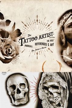 the tattoo artist reference book features skulls, roses and other art related items in black and white