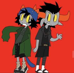 two cartoon characters standing next to each other with horns on their heads and one has yellow eyes