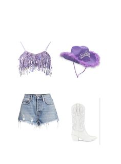 three different items including a cowboy hat, shorts and booties on a white background