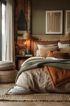 #girlsroom #bedroomideas #dormdecor #bohobedroom #bohochic #homedecortips Earth Color Bedroom Ideas, Outdoorsy Guest Bedroom, B&b Bedroom Ideas, Pacific Northwest Bedroom Ideas, Rich Color Bedroom, Earth Tone Bedding Bedroom Ideas, Terracotta Bedroom Aesthetic, Black And Earth Tones Bedroom, Earthy Basement Ideas