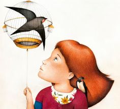 a drawing of a girl looking at a bird in a cage on top of her head