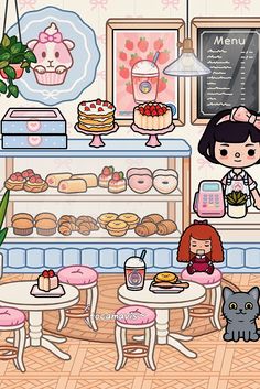 a girl is standing in front of a counter with cakes and donuts on it