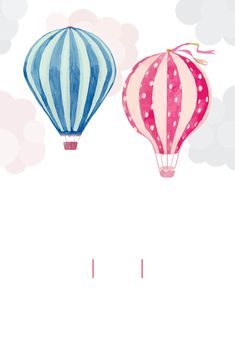 two hot air balloons flying in the sky with clouds behind them, one is pink and blue