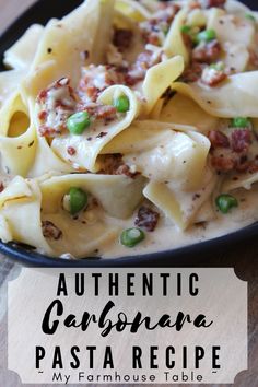 pasta with peas and sauce in a black plate on a wooden table next to the words authentic california pasta recipe