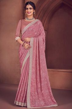 Embroidered Work Soothing Organza Saree In Pink Color