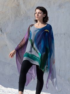 Handpainted silk tunic Iris, Bohemian clothing, Summer loose tunic . Textile Painting, Elegant Draperies, Small Silk Scarf, Fabric Dye, Loose Tunic, Hand Painted Scarves, Painted Scarf, Womens Blouses, Bohemian Clothing