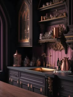 an old fashioned kitchen with purple walls and wooden cabinets is pictured in this 3d image