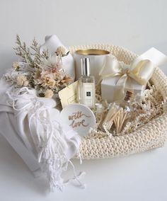 a white basket filled with personal care items