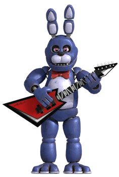 a blue bunny holding a guitar and wearing a red bow tie, standing in front of a white background