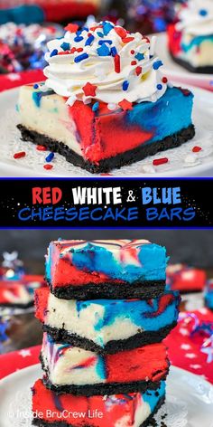 red, white and blue cheesecake bars on a plate