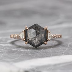 hexagon diamond engagement ring Engagement Ring Hexagon, Uncut Diamond Ring, Hexagon Diamond Ring, Ring Hexagon, Triangle Diamond, Cute Engagement Rings, Future Engagement Rings, Oval Diamond Engagement, Black Diamond Engagement