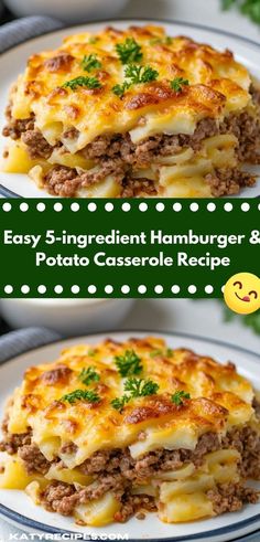 two plates with different types of food on them and the words easy 5 ingredient hamburger & potato casserole recipe