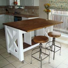 a kitchen island with two stools in front of it and a window behind it