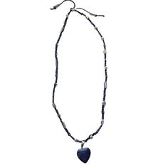 This handcrafted necklace is 18 inches in length closing with an alligator clasp at the back and features silver and  glass beading on natural hemp macrame thread with a beautiful blue sandstone glass heart pendant centerpiece. This necklace would make a great handmade piece for any necklace lover in your life💙 Length: 18 Inches Condition: Handmade, Brand New Color: Black, Blue, Silver Material: Glass Beading, Silver Beading, Black Hemp Thread, Alligator Closure, Blue Sandstone Heart Pendant Adjustable Heart-shaped Gemstone Beads Jewelry, Adjustable Heart Beads Pendant Jewelry, Heart-shaped Necklace With Natural Stones, Adjustable Beaded Necklace With Heart Pendant, Heart-shaped Adjustable Necklace With Natural Stones, Adjustable Bohemian Heart Pendant Jewelry, Adjustable Heart-shaped Natural Stone Necklace, Adjustable Spiritual Beaded Necklace With Heart Beads, Silver Heart-shaped Adjustable Beaded Necklace