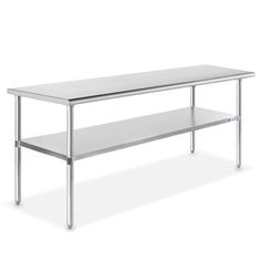 a stainless steel table with two shelves on the bottom and one shelf below it, against a white background